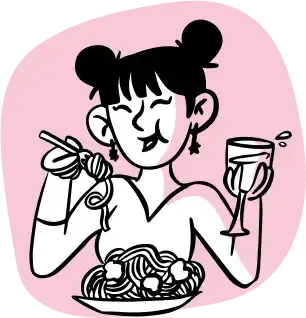 a woman eating spaghetti with a glass of wine.