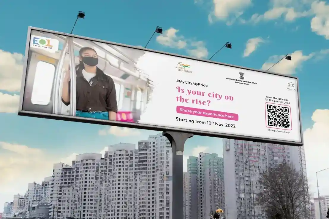 a billboard with a girl wearing a face mask.
