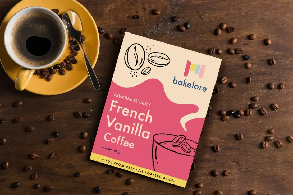 a box of french vanilla coffee next to a cup of coffee.