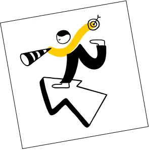 An abstract drawing of a man with a telescope on a flying arrow.