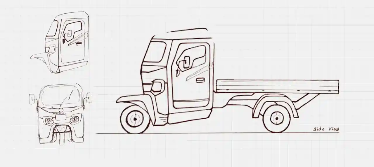 a drawing of a truck with a bench in front of it.