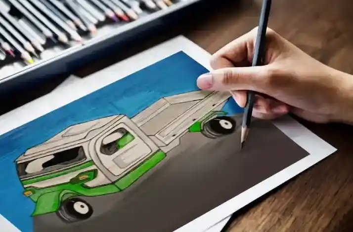 a person is drawing a picture of a camper.